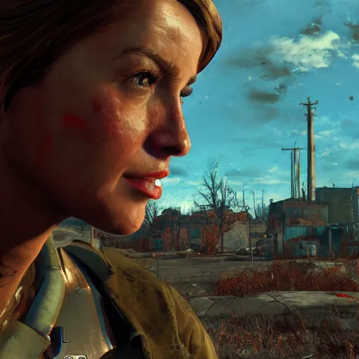 Image similar to pretty face, wide angle lens, photorealistic, 4k, style of fallout 4, background of destroyed city post apocalyptic, steakpunk, soft lighting, portrait, art by van goch