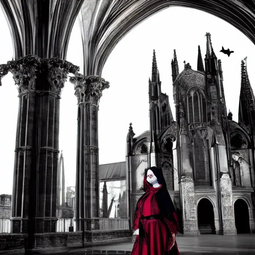 Prompt: movie shot, landcape, architectural shot, no decaying lines, background of an alabaster gothic cathedral, with long ephimeral windows with reflection of red flames, as subject a gothic woman with an intricate arabesque detailed black dressed, macro head face