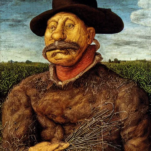 Prompt: Farmer tilling his field by Giuseppe Arcimboldo,