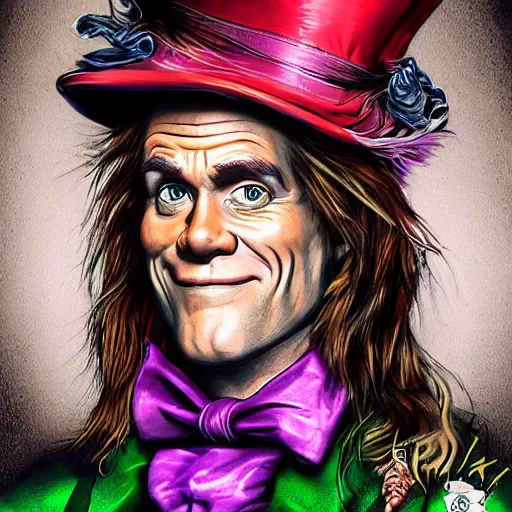 Image similar to Jim Carrey as mad hatter. epic game portrait. Highly detailed. D&D art by Michelangelo