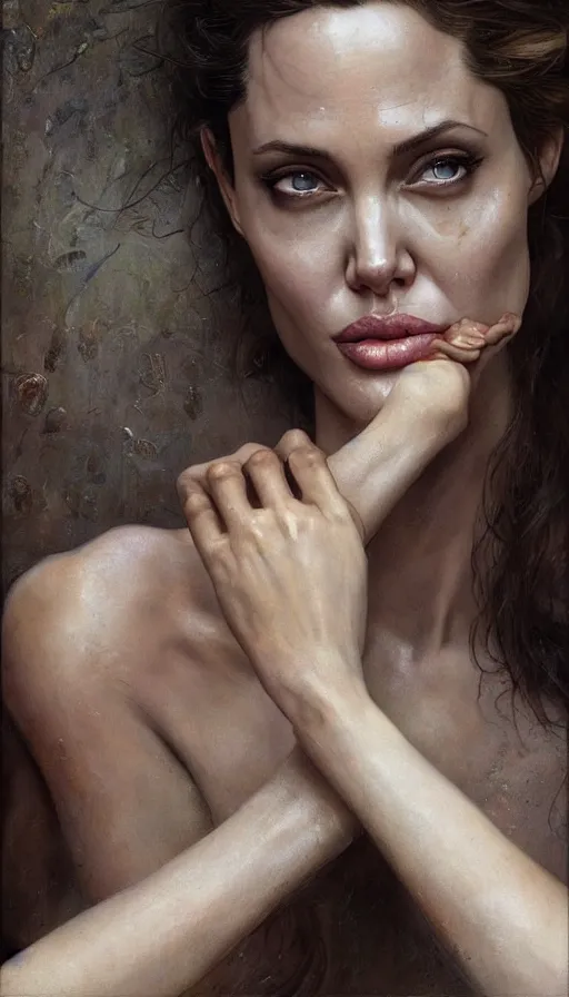 Prompt: epic masterpiece angelina jolie, sweaty skin, hyperrealistic, octane render, cinematic, beautiful face and flawless skin, perfect hands, 5 fingers, by Edgar Maxence and Ross Tran and Michael Whelan, Legends of Runeterra