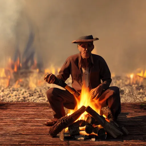 Prompt: Trader, holding a walking stick, sitting by a fire, digital art, 4k, high quality render, trending on artstation, unreal engine