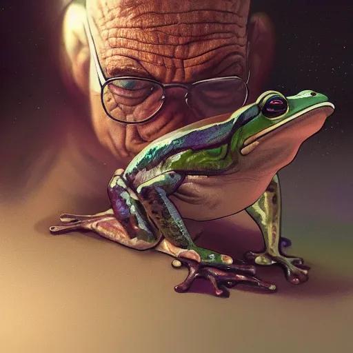 Image similar to a frog sitting on walter white's head, intricate, highly detailed, digital painting, artstation, concept art, smooth, sharp focus, illustration, unreal engine 5, 8 k, art by artgerm and greg rutkowski and alphonse mucha