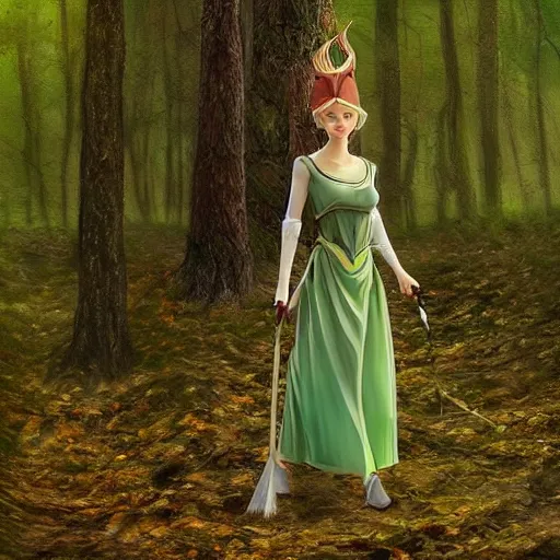 Prompt: a realistic portrait of a realistic female elf with a long withe and light green dress holding a scepter walking in the woods , perfect and hyperrealistic ultra detailed face, by WLOP