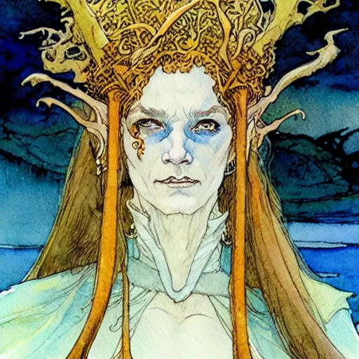 Image similar to a beautiful and very detailed character concept watercolour portrait painting by alan lee, rebecca guay, michael kaluta, charles vess and jean moebius giraud of a sanna marin, the prime minister of finland as a druidic wizard