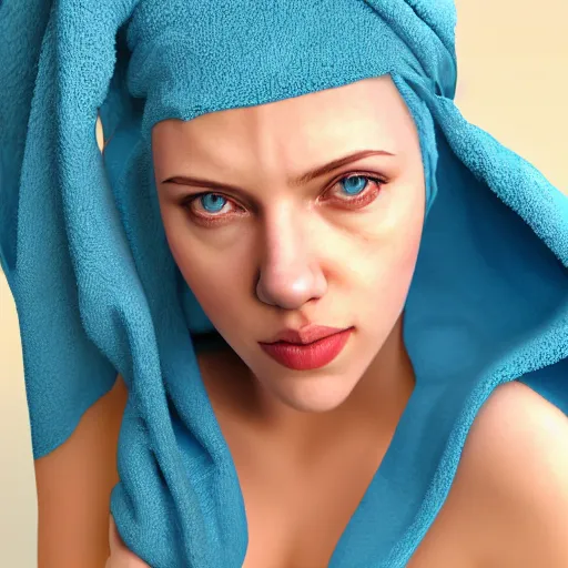 Image similar to scarlett johansson blue hair wrapped in a towel getting out of the shower, 3 d render, hyper - realistic detailed portrait