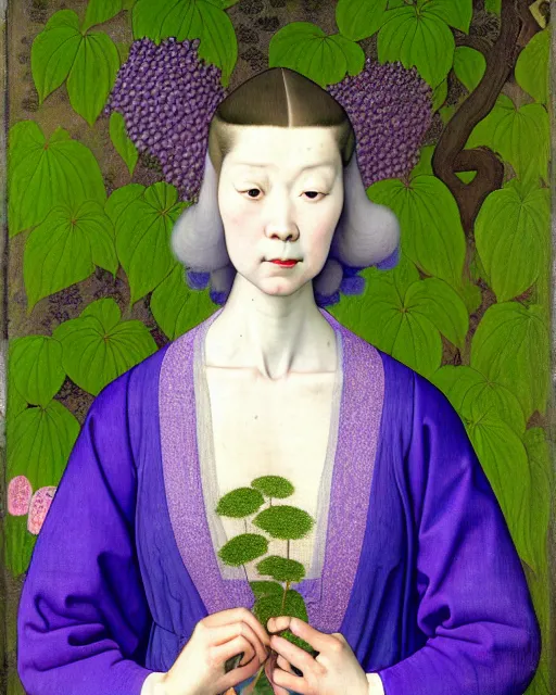 Prompt: portrait of a woman with lilac long hair wearing a blue pajama, standing in a big garden full of plants and hair rolls, intricate details, high detail, in the style of rogier van der weyden and jacopo da pontormo, punk, asian art,
