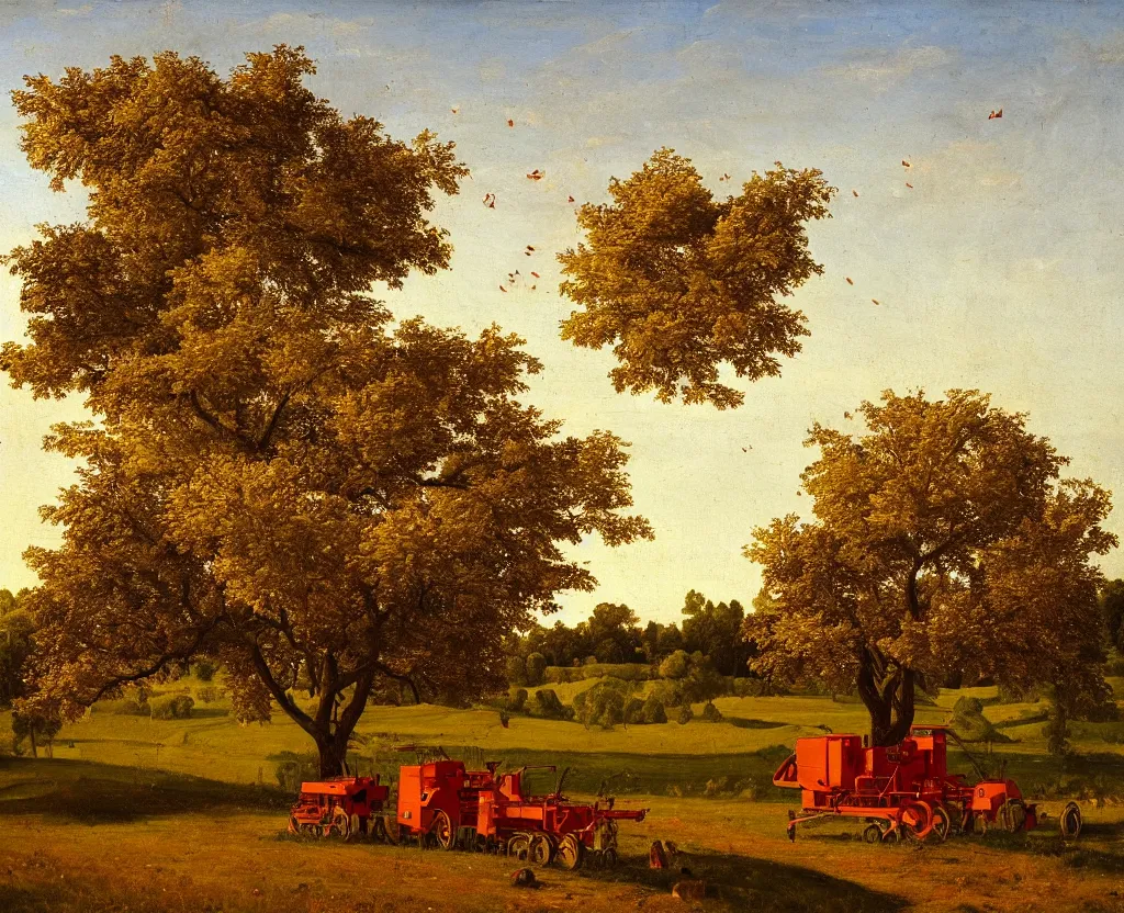 Prompt: Apple harvester machine stands on the side of an apple tree, classical painting, symmetrical, realism, golden hour