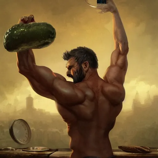 Prompt: Epic portrait, muscular man with basic clothes trying to open a jar of pickles, bald, bearded, scary, digital painting, artstation, concept art, soft light, hdri, smooth, sharp focus, illustration, fantasy, intricate, elegant, highly detailed, D&D, matte painting, in the style of Greg Rutkowski and Alphonse Mucha and artemisia, 8k,