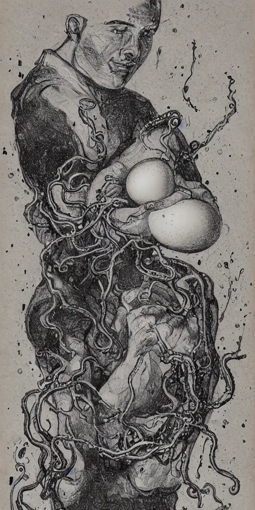 Image similar to high detailed drawing a man with the head of a broken egg, with arms of tentacles. He has a knife in his hand and splatters micro droplets