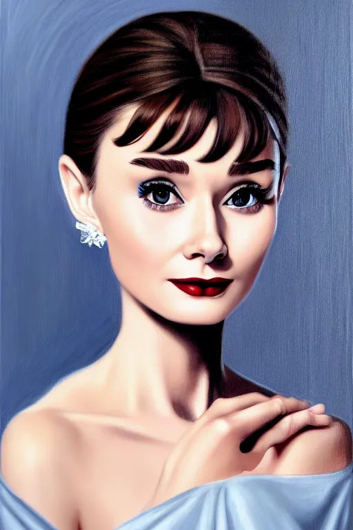 Image similar to a portrait of Audrey Hepburn waif girl gothic, bored, illustration, soft lighting, soft details, painting oil on canvas by margaret keane and artgerm, trending on artstation, 4k, 8k, HD