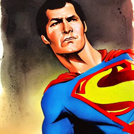 Image similar to photorealistic picture, by bob peak and alex ross, bloody superman, gouache and wash paints, fine details, fine intricate, fine facial proportionate, fine body proportionate, fine fix broken line, fine fix duplicate line, smooth shar focus, sharp focus