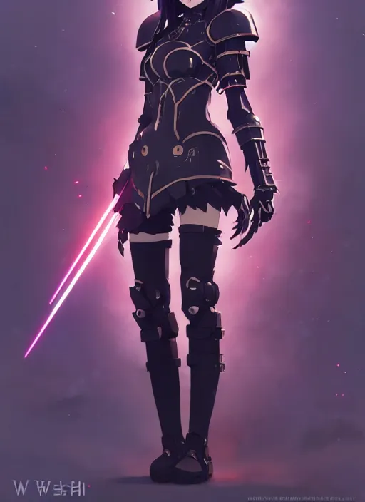 Image similar to portrait of cute goth girl in cyber armor, warhammer, illustration concept art anime key visual trending pixiv fanbox by wlop and ilya kuvshinov and greg rutkowski and makoto shinkai and studio ghibli