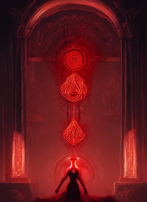 Prompt: portrait of the goddess of blood, bloody glowing runes, evil architecture, portal made of blood, intricate, elegant, glowing lights, highly detailed, digital painting, artstation, concept art, smooth, sharp focus, illustration, art by wlop, mars ravelo and greg rutkowski