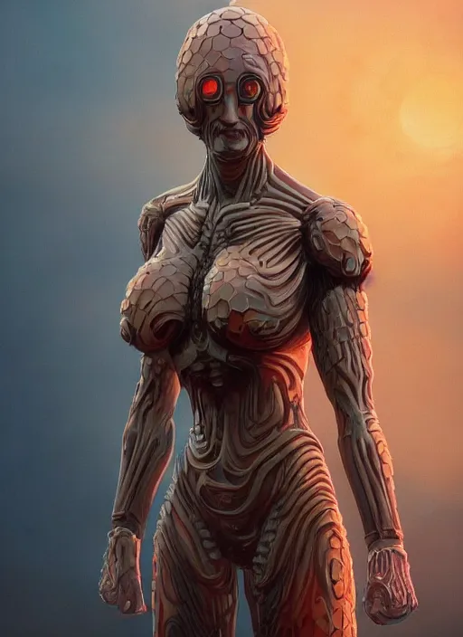 Image similar to biblical female android, hexagonal pattern on skin, glowing veins, in clouds, sunset, portrait by wayne barlowe, studio lighting, muted colors, by frank frazetta, extreme detail, reflections, trending on artstation, 8 k