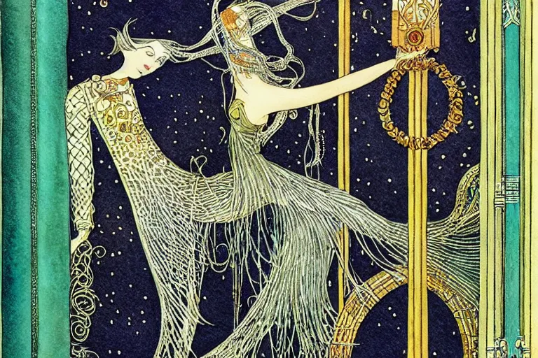 Prompt: front of a leather bound book with metal latches and crystals art by kay nielsen and walter crane, illustration style, watercolor