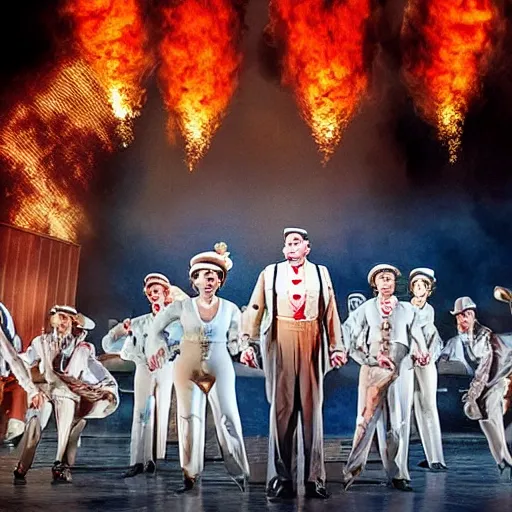 Image similar to award winning Production photo of the Hindenburg disaster the musical on broadway, dancing, singing, costumes by Julie Taymor, set design by Julie Taymor