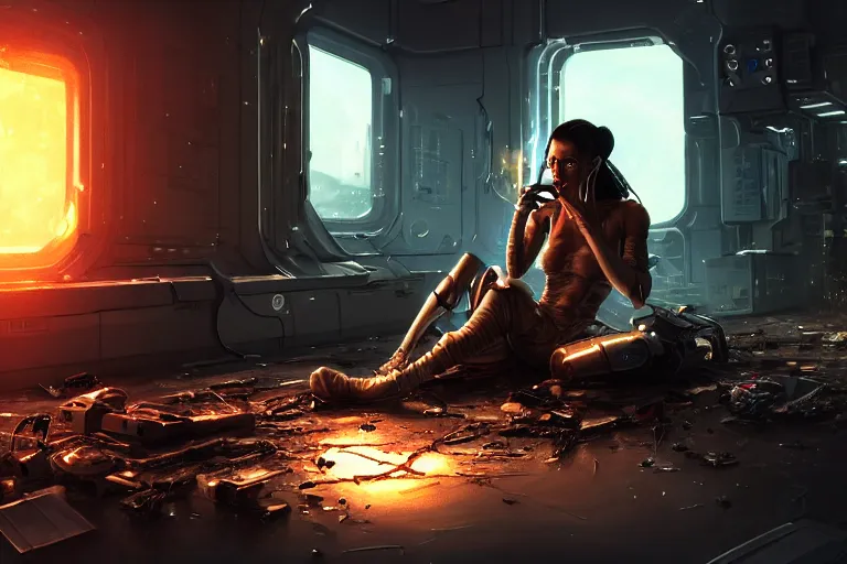 Image similar to Ultra realistic illustration, beautiful alluring damaged cyborg sitting on the floor of a destroyed spaceship, smoking a cigarette while being put back together in an super advanced military medical bay, cyberpunk, sci-fi, fantasy, sparks, small flames, smoke, intricate, elegant, highly detailed, digital painting, artstation, concept art, smooth, sharp focus, illustration, gorgeous cinematic lighting, art by artgerm and greg rutkowski and alphonse mucha