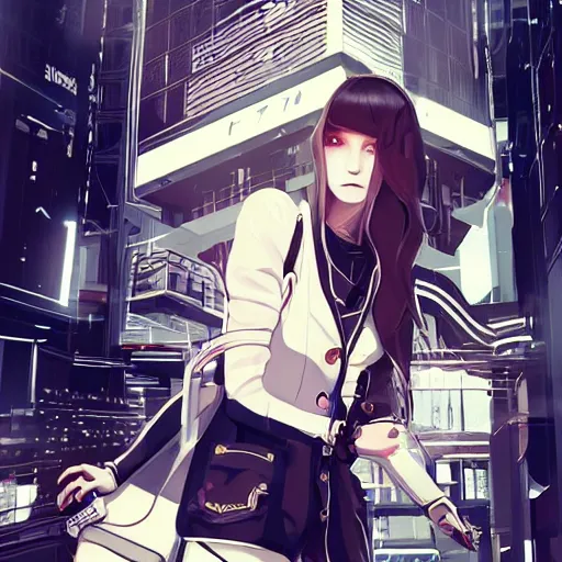 Image similar to Frequency indie album cover, luxury advertisement, white and navy colors. highly detailed post-cyberpunk sci-fi close-up detective mercenary cyborg girl in asian city in style of cytus and deemo, mysterious vibes, by Ilya Kuvshinov, by Greg Tocchini, nier:automata, set in half-life 2, beautiful with eerie vibes, very inspirational, very stylish, with gradients, surrealistic, dystopia, postapocalyptic vibes, depth of filed, mist, rich cinematic atmosphere, perfect digital art, mystical journey in strange world, beautiful dramatic dark moody tones and studio lighting, shadows, bastion game, arthouse