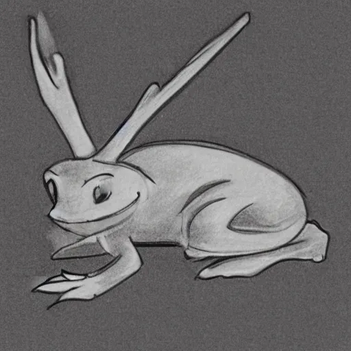 Prompt: drawing from 1 9 2 0's disney animation, white paper, black & white, frog rabbit on a table, antler