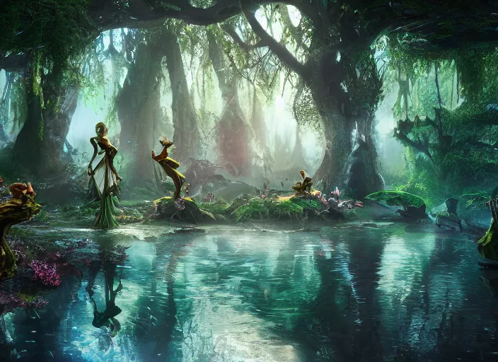 Image similar to magical enchanted elves on a humongous paradise biome, fantasy, hyper realism, wet reflections, intricate, digital art, detailed, studio shot, unreal engine 5, octane, high definition, smooth, artstation, behance