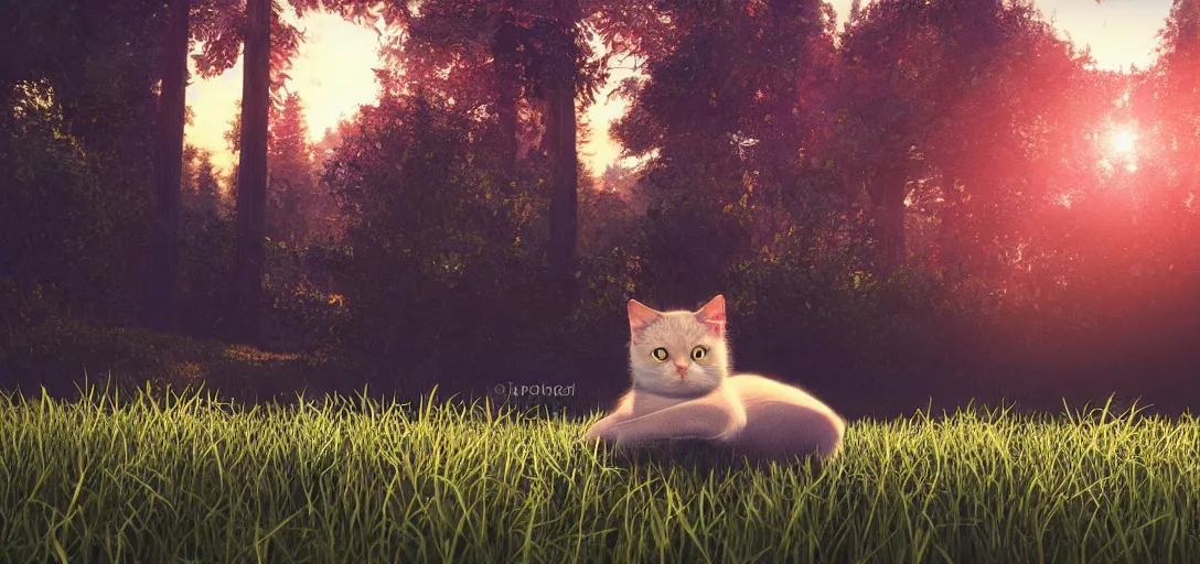 Prompt: a cute cat sleeping on the grass in a forest near a small river at sunset, godrays, complementary colors, warm lighting, raytracing, highly detailed, high quality, 4k HDR, concept art, octane render, unreal engine 5, high coherence, calm, relaxing, beautiful landscape, serene