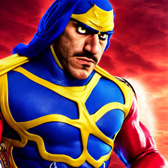 Image similar to cinematic portrait, captain falcon as sheik mohammad ruler of dubai, head and chest only, masterpiece, cinematic composition, beatiful lighting, sharp, details, hyper - detailed, hd, 4 k