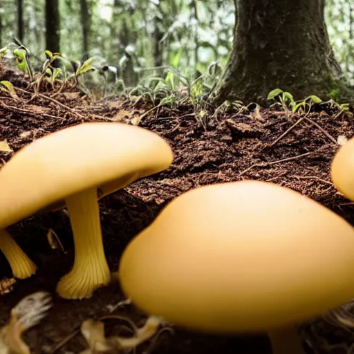 Image similar to backlit golden teacher mushroom dropping spores in the woods soil, unreal engine, closeup