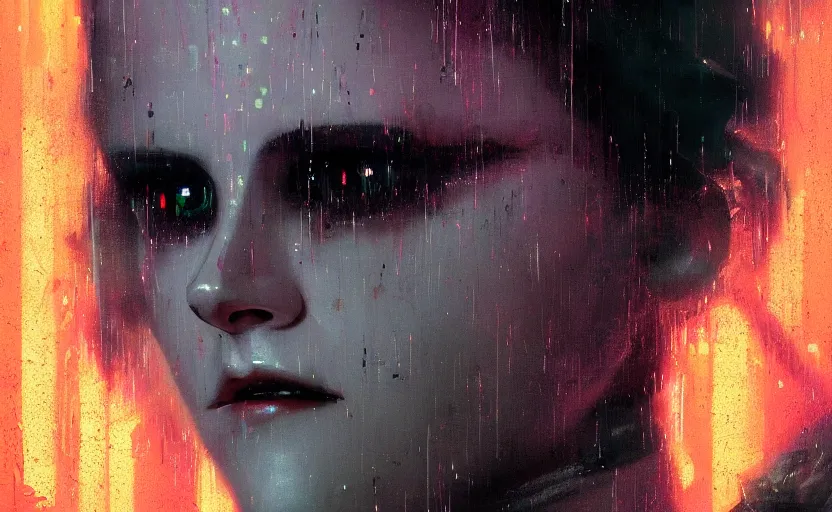 Image similar to detailed film still of portrait neon operator lady kristen stewart in the movie blade runner, messy ponytail, cyberpunk futuristic, neon, reflective puffy coat, decorated with traditional japanese by ismail inceoglu dragan bibin hans thoma greg rutkowski alexandros pyromallis nekro, illustrated, perfect face, fine details, realistic shaded, fine - face, pretty face