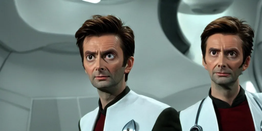 Image similar to David Tennant as Doctor Who, in Starfleet uniform, in the role of Captain Kirk in a scene from Star Trek the original series