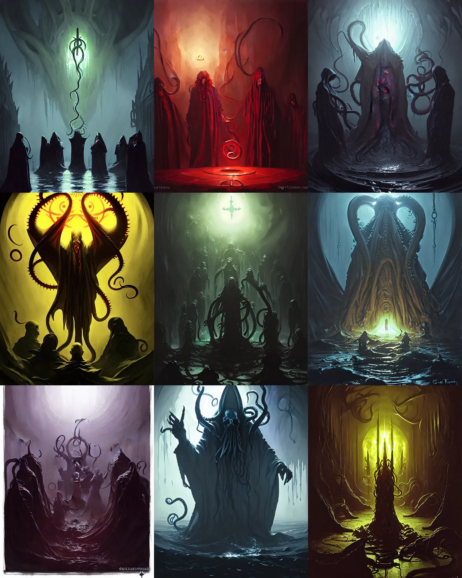 Prompt: cultist circle summons cthulhu, dnd fantsay art, arkham horror, evil fluid, tentacles, creepy, by greg rutkowski