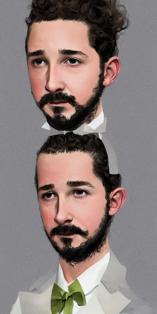 Image similar to a professional painting of Shia LaBeouf as a beautiful young prince, wearing an origami high fashion tuxedo, olive skin, buzzed short dark hair, beautiful bone structure, symmetrical facial features, intricate, elegant, digital painting, concept art, smooth, sharp focus, illustration, from Metal Gear, by Ruan Jia and Mandy Jurgens and Artgerm and William-Adolphe Bouguerea