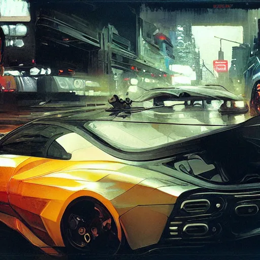 Image similar to cyberpunk car, intricate, elegant, highly detailed, greg manchess, mucha, liepke, ruan jia, jeffrey catherine jones, ridley scott