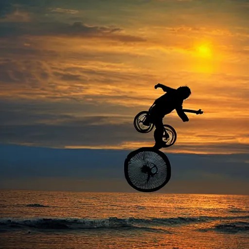 Prompt: bob dylan riding a unicycle over the ocean into the sunset, gorgeous photograph, very detailed, emotional