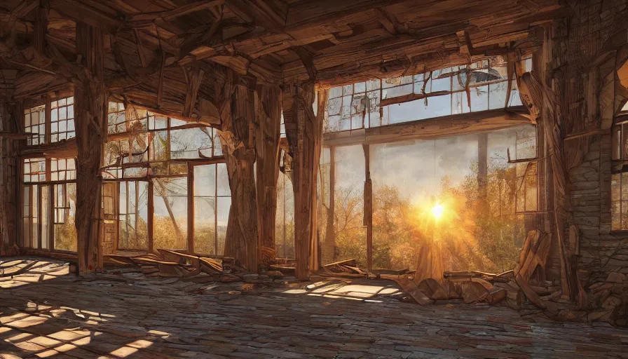 Image similar to wooden craft garden built in destroyed museum in washington dc, sunrise light through windows, hyperdetailed, artstation, cgsociety, 8 k