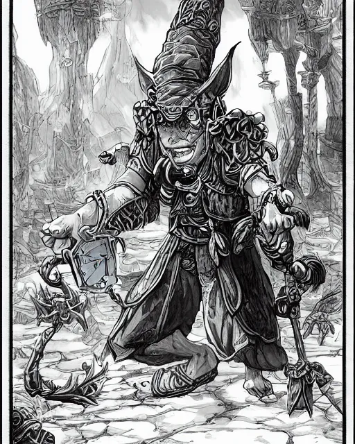 Image similar to A goblin merchant selling treasuries and potions, high detailed store, black and white, fantasy art, goblin art, in the style of masami kurumada, illustration, epic, fantasy, intricate, hyper detailed, artstation, concept art, smooth, sharp focus, ray tracing