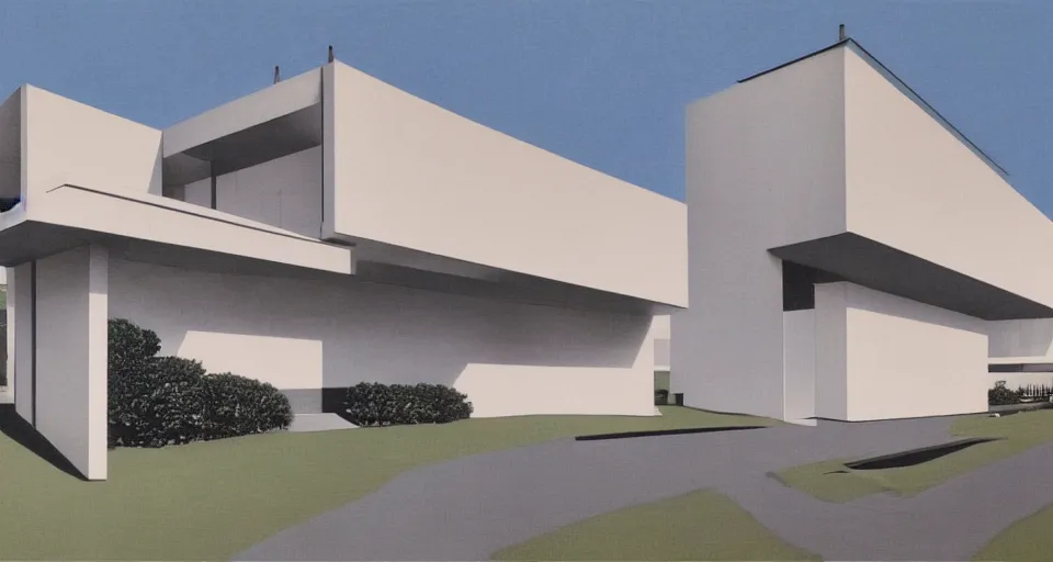 Image similar to modern house, bauhaus, mies van der rohe, matte painting, hiroshi nagai