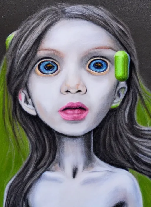 Prompt: chalk painting of a realistic android child with big round eyes, thin lips, wide nose and long hair