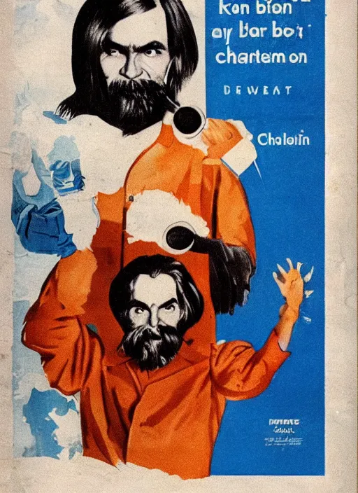 Prompt: vintage pharmaceutical advertisement depicting charles manson as a member of the blue man group