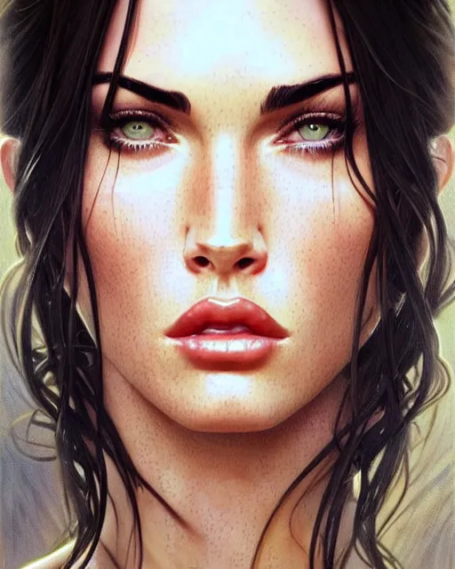 Image similar to portrait of megan fox with hot face expression, intricate, headshot, highly detailed, digital painting, artstation, concept art, sharp focus, cinematic lighting, illustration, art by artgerm and greg rutkowski, alphonse mucha, cgsociety