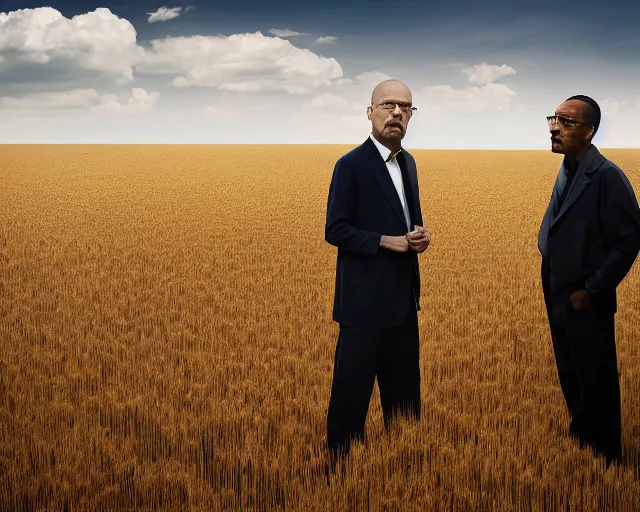 Image similar to extreme long shot of walter white and gustavo fring standing in front of each other from a distance in a wheat field, low angle, side view, 8 5 mm photograph, 8 k resolution, wide shot, sharp lens