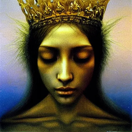 Image similar to teen queen with long golden hairs in golden crown, very pale, with blue eyes, painting by Beksinski