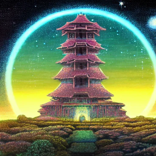 Prompt: a landscape pastel in the style of noriyoshi ohrai of an ancient holy tower, it has iridescent mana radiating from it. it is centered. the background is the starry sky at night. key art. 4 k retrofuturistic fantasy