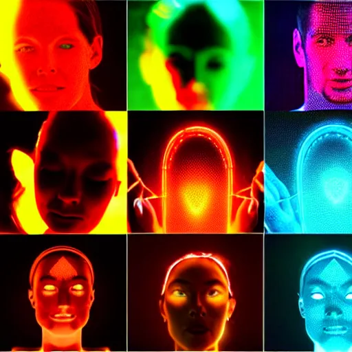 Image similar to diverse groups of humans with glowing electronic body implants projecting amazing images collectively, from behind, rebirth, beauty, wide angle, elaborate, wet, highly detailed, colors, beautiful lighting