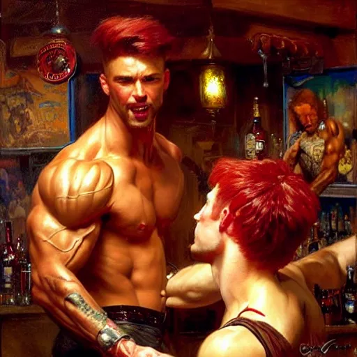 Image similar to attractive muscular mike with red hair with muscular attractive tyler with black hair, drinking their hearts out, in a pub. very defined and highly detailed painting by gaston bussiere, j. c. leyendecker, craig mullins 8 k