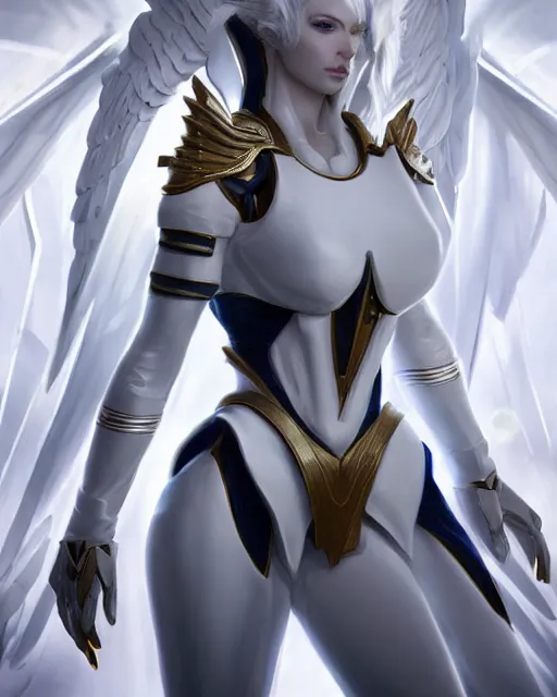 Image similar to perfect white haired attractive egyptian goddess with huge white dove wings, warframe armor, beautiful, symmetric, charlize theron, half asian, pretty face, blue eyes, detailed, scifi platform, laboratory, experiment, 4 k, ultra realistic, epic lighting, android body, illuminated, cinematic, masterpiece, art by akihito tsukushi, voidstar