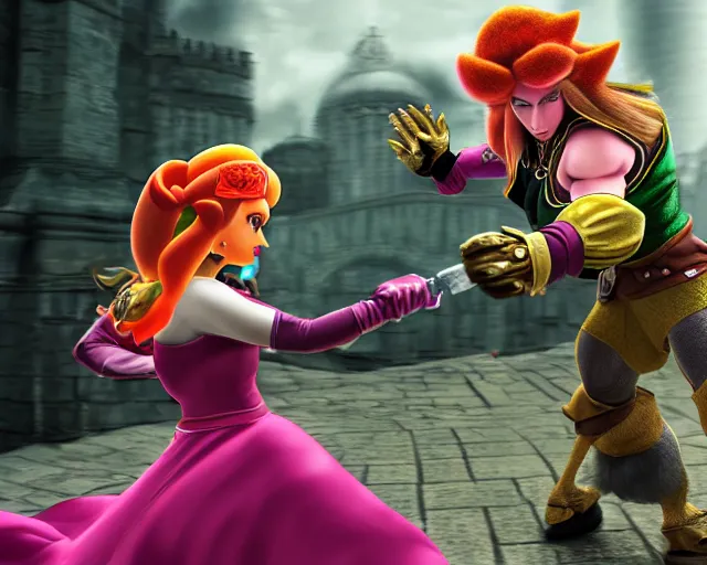 Image similar to princess peach fighting ganondorf, hyper realistic, cinematic, long shot, hyper detailed, 8 5 mm photograph, 8 k resolution, film still, sharp lens, wide lens