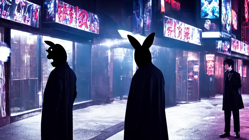 Prompt: a man wearing a black trench coat and black rabbit mask standing outside a night club, anime film still from the movie directed by Denis Villeneuve with art direction by Junji Ito, wide lens