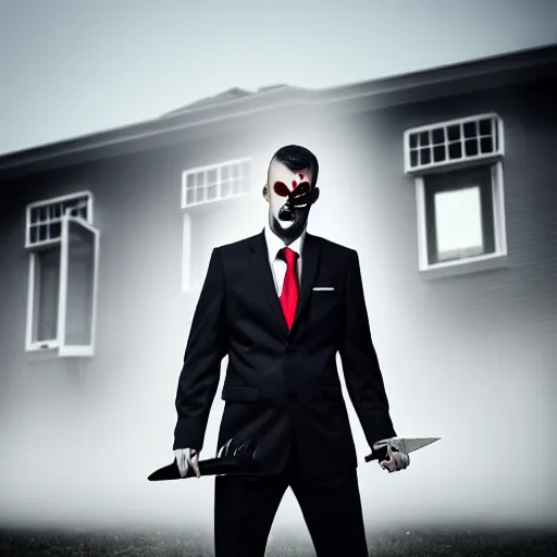 Image similar to man in strict suit, one man, an indifferent face, house on background, bloody knife, blood on body, full body, little fog, evening, extremely detailed, sharp focus, professional photographer, professional model