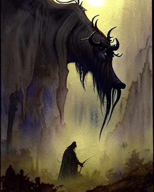 Image similar to a realistic and atmospheric watercolour fantasy character concept art portrait of a 4 0 ft. tall lovecraftian wildebeest emerging from the mist on the moors of ireland at night. by rebecca guay, michael kaluta, charles vess and jean moebius giraud